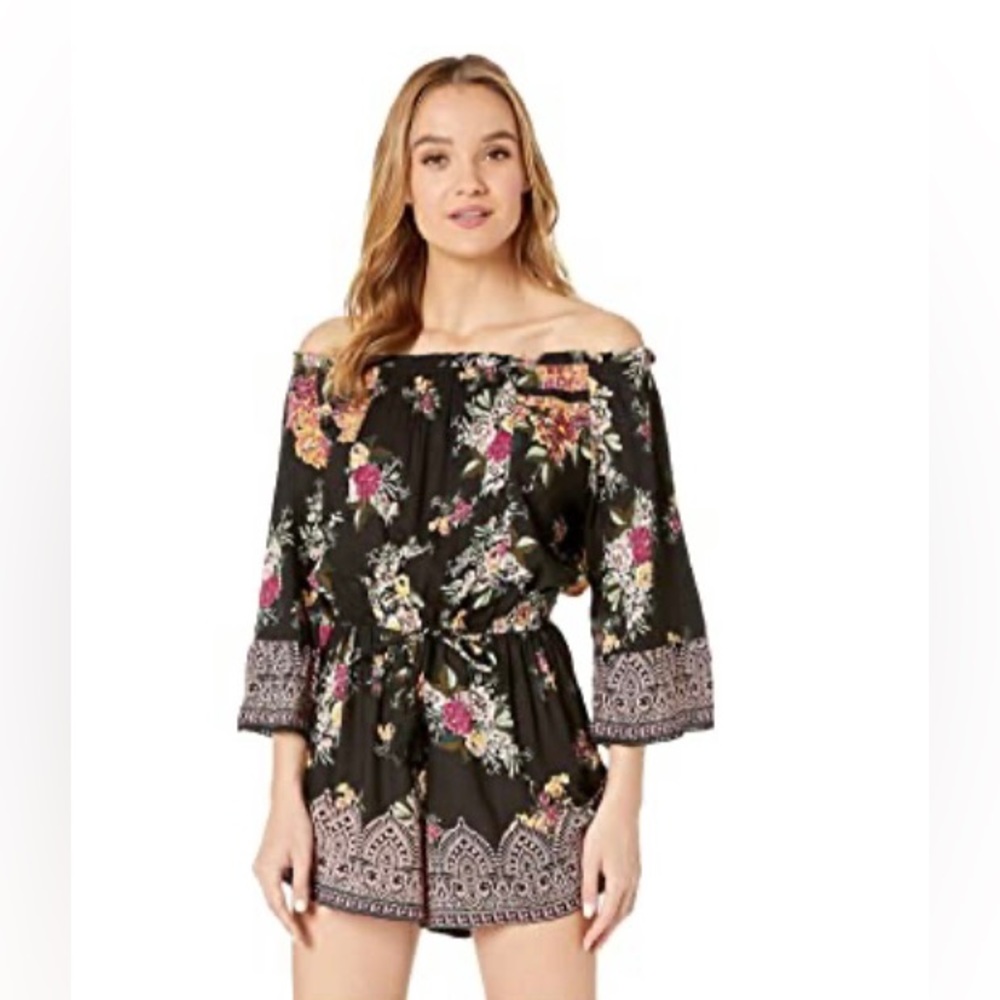 Angie Black Floral Off Shoulder Romper with Tie Waist size M